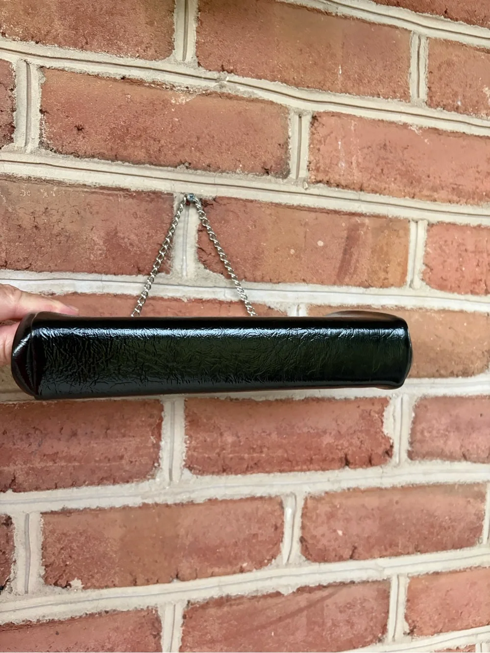 Vintage Black Patent Clutch with Silver Chain